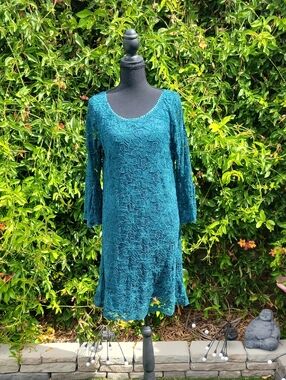 Blue/green Floral Lace Whimsigoth Dress With Blousy Lace Seeves